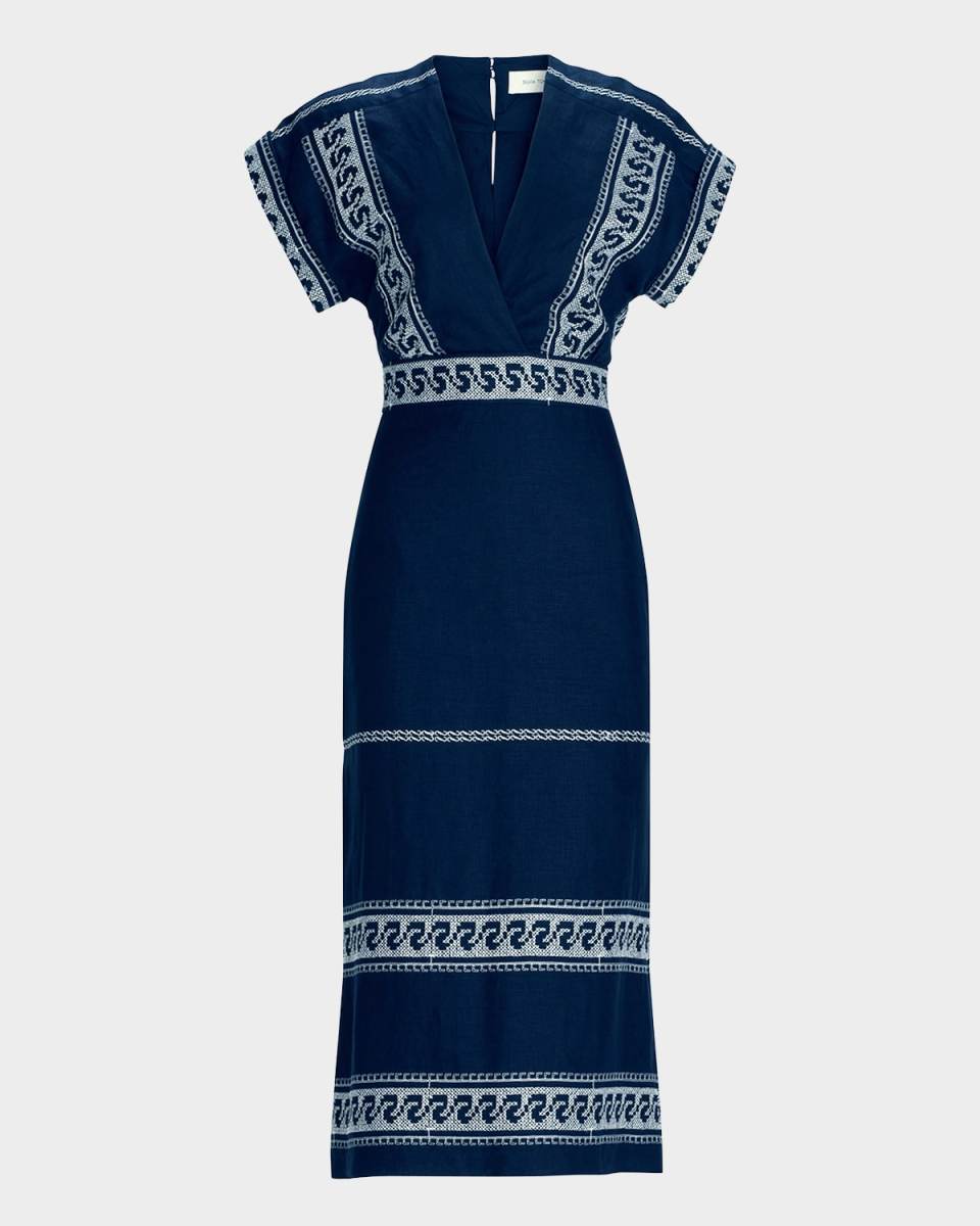Ady Embroidered Linen Short-Sleeve Midi Dress
